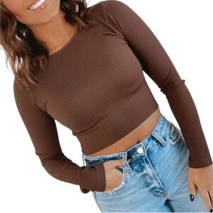 ❤️ 🆕 ALL THE WAYS Tan Ribbed Cropped Long Sleeve Top Size XS